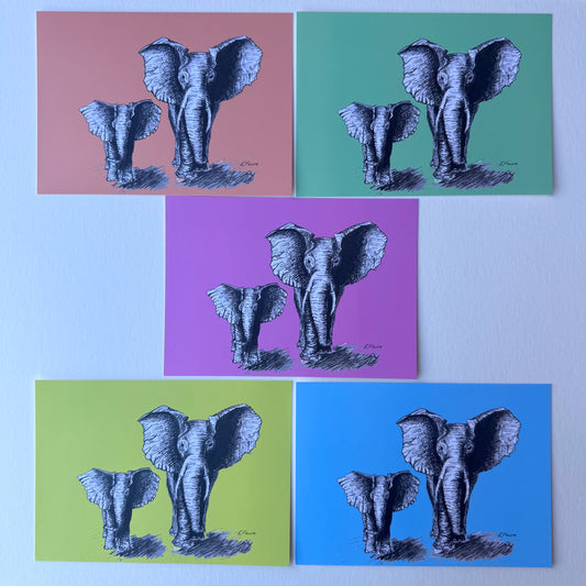 'Elmo and Edna' Elephant Postcards - Neon