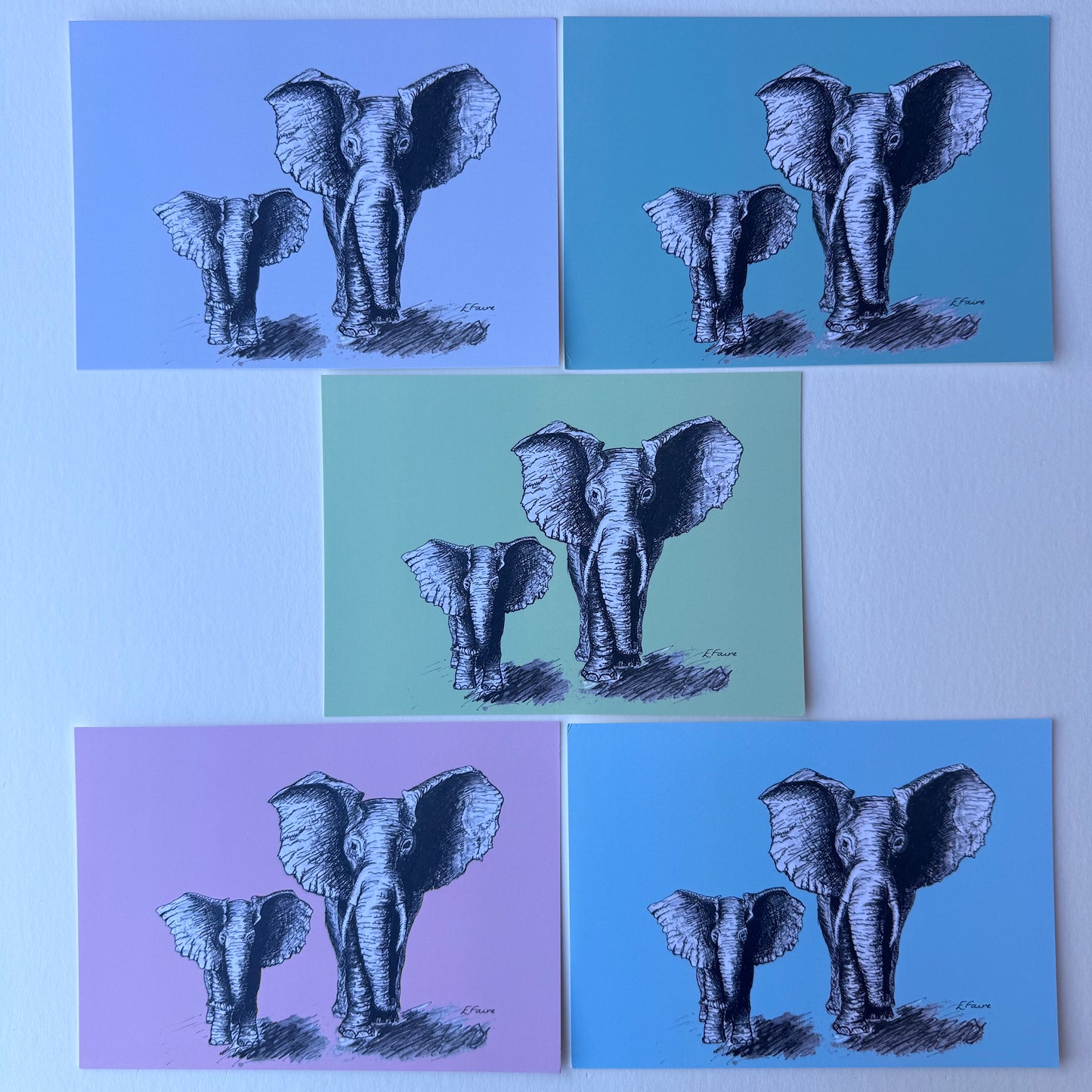 'Elmo and Edna' Elephant Postcards - Pastel