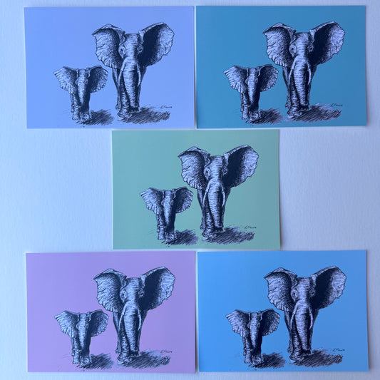 'Elmo and Edna' Elephant Postcards - Pastel