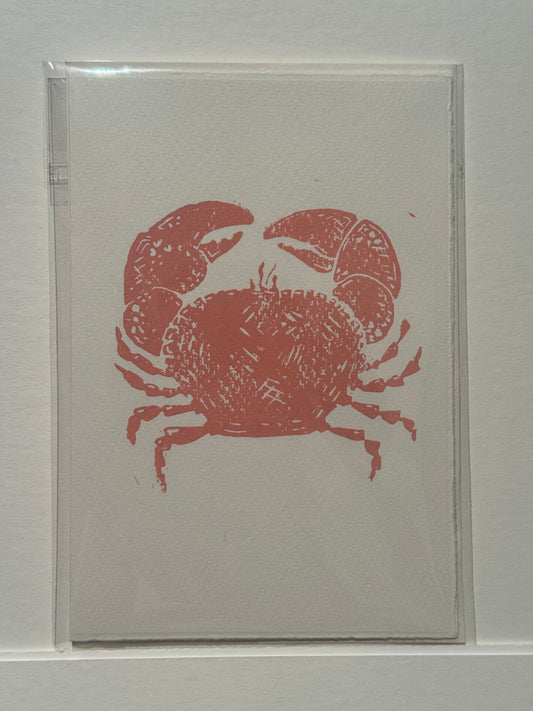 Crab Lino Print Greetings Card - Pink