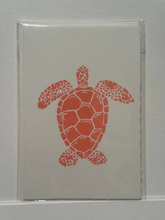 Turtle Lino Print Greetings Card - Orange