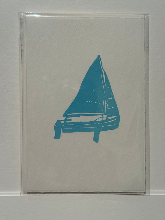 Urchin Boat Lino Print Greetings Card - Blue