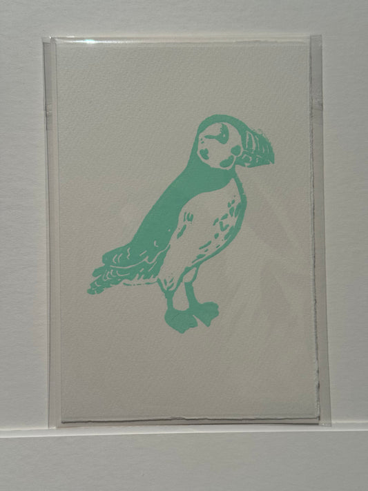 Puffin Lino Print Greetings Card - Green