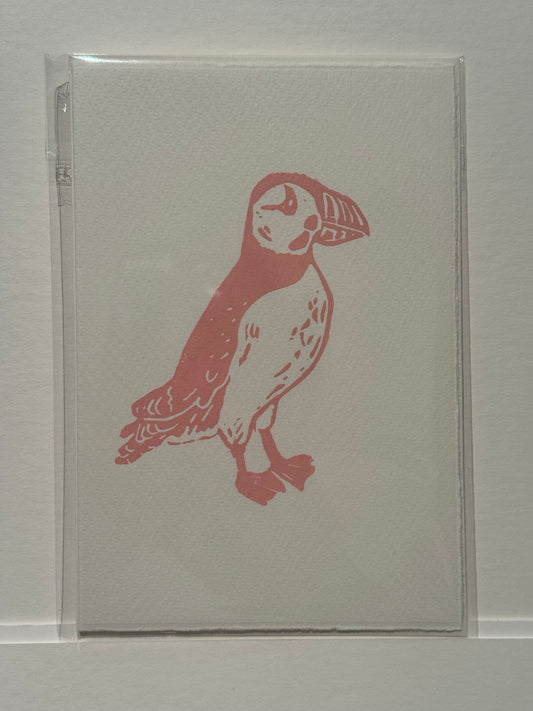 Puffin Lino Print Greetings Card - Pink