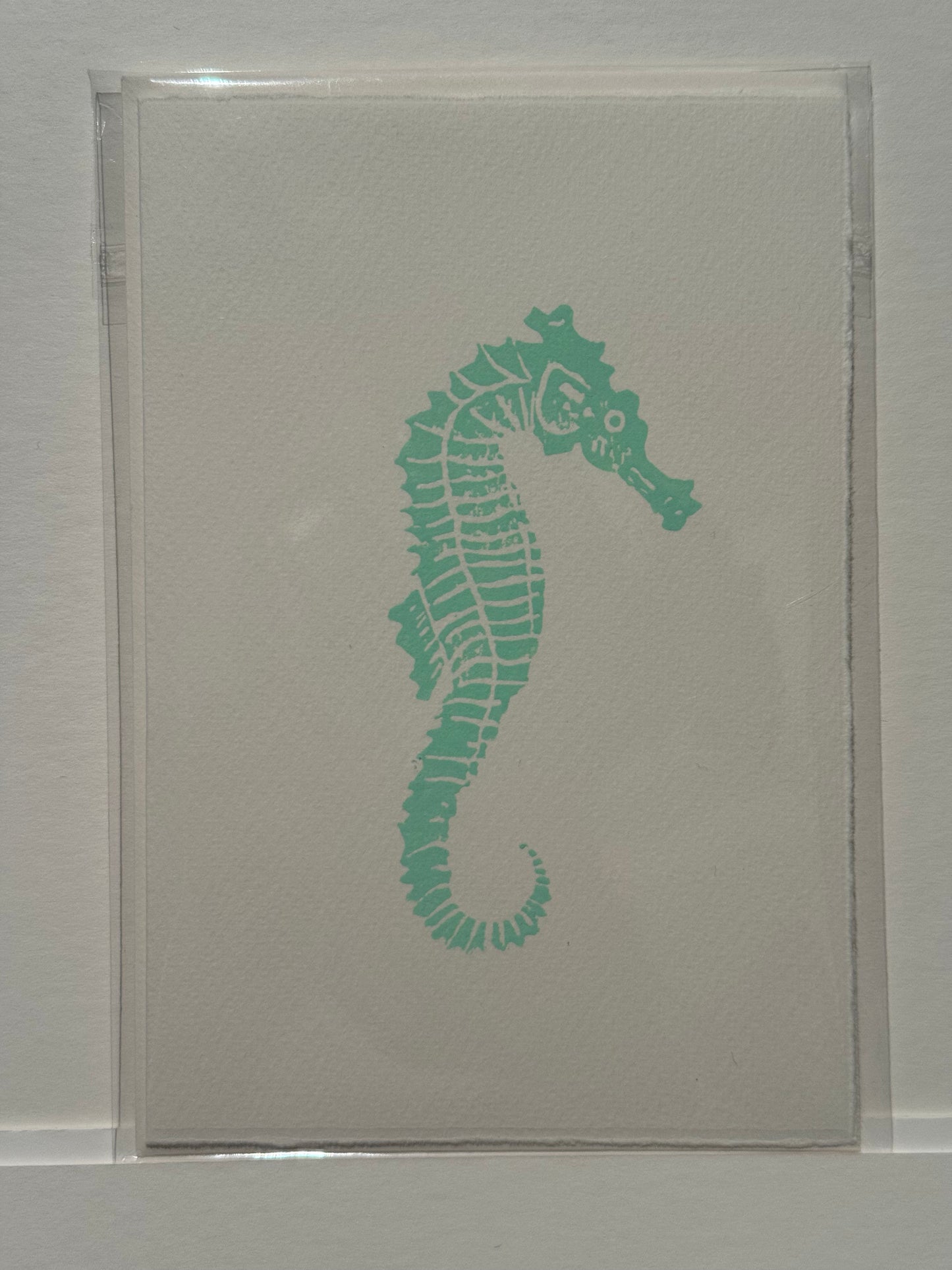 Seahorse Lino Print Greetings Card - Green