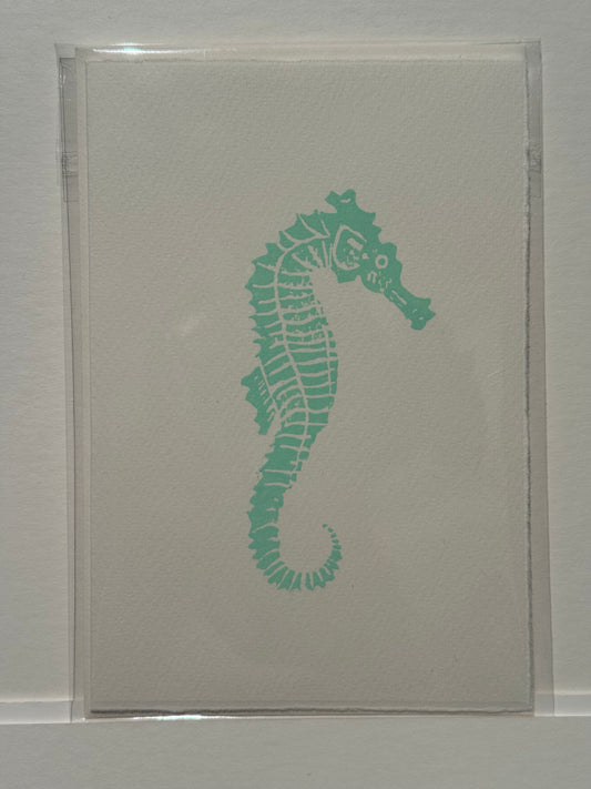 Seahorse Lino Print Greetings Card - Green