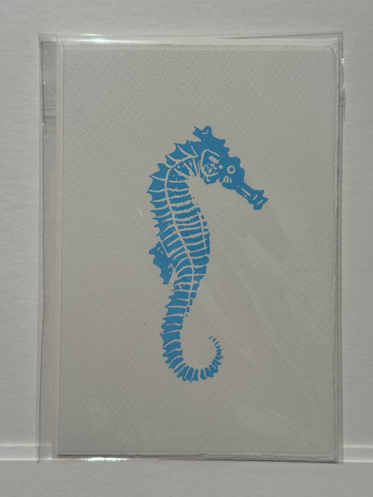 Seahorse Lino Print Greetings Card - Blue