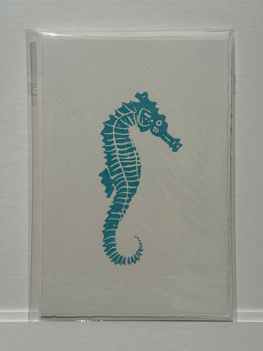 Seahorse Lino Print Greetings Card - Turquoise