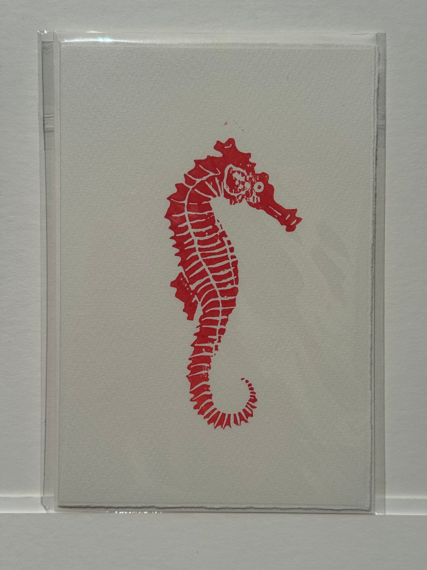 Seahorse Lino Print Greetings Card - Red