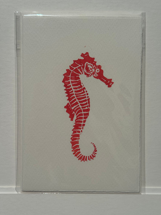 Seahorse Lino Print Greetings Card - Red