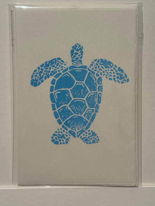 Turtle Lino Print Greetings Card - Blue