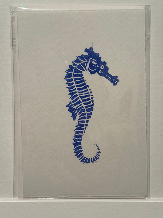 Seahorse Lino Print Greetings Card - Royal Blue