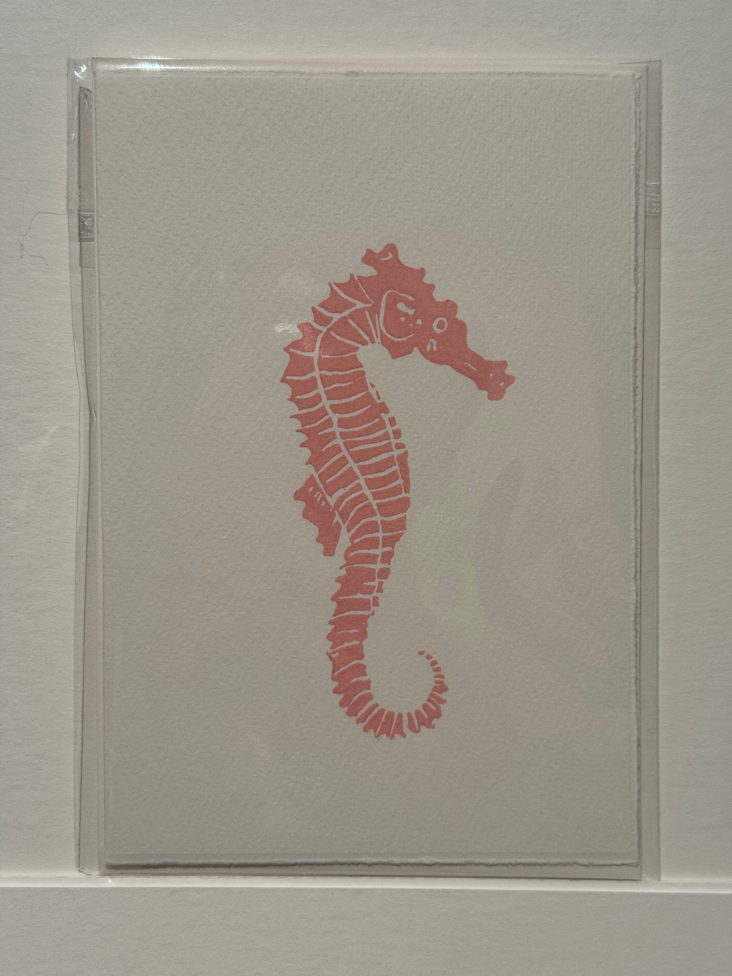 Seahorse Lino Print Greetings Card - Pink