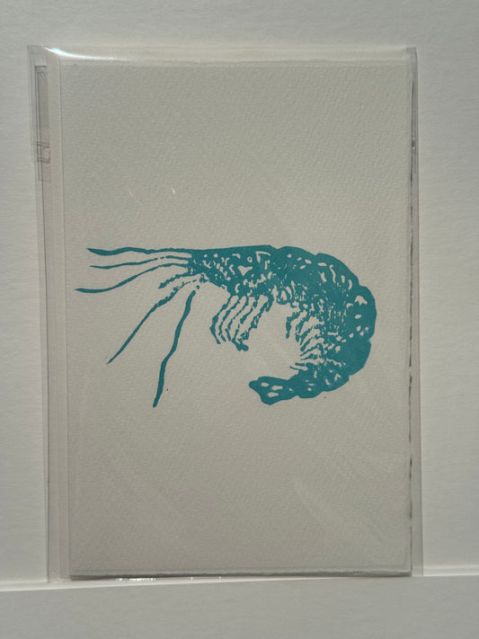 Prawn Lino Print Greetings Card - Turquoise