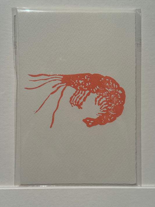 Prawn Lino Print Greetings Card - Orange