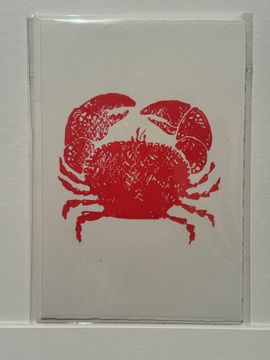 Crab Lino Print Greetings Card - Red