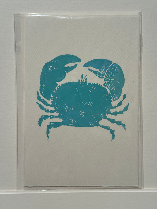 Crab Lino Print Greetings Card - Turquoise